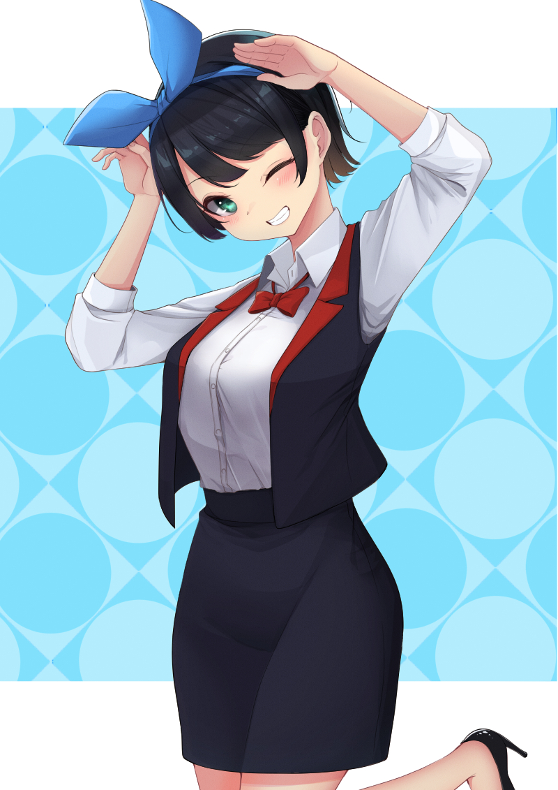 1girl, arms_up, black_hair, black_shoes, black_skirt, black_vest, blue_hairband, blue_ribbon