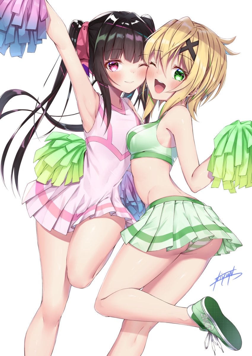 2girls, akatsuki_kirika, arm_up, armpits, ass, black_hair, blonde_hair, blunt_bangs, breasts, cheerleader, covered_navel, crop_top, from_behind, green_eyes, highres, holding, holding_pom_poms, looking_at_viewer, looking_back, medium_breasts, midriff, miniskirt, multiple_girls, niyun_(n_niyu), panties, pink_eyes, pleated_skirt, pom_pom_(cheerleading), pom_poms, senki_zesshou_symphogear, shiny_skin, shoes, simple_background, skirt, sleeveless, smile, sneakers, standing, standing_on_one_leg, striped_clothes, striped_panties, tsukuyomi_shirabe, twintails, underwear, white_background