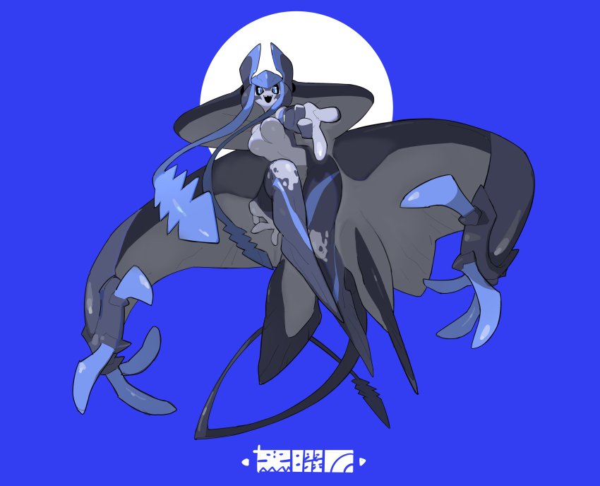 1girl, absurdres, blue_background, blue_eyes, bouncing_breasts, breasts, extra_arms, from_below