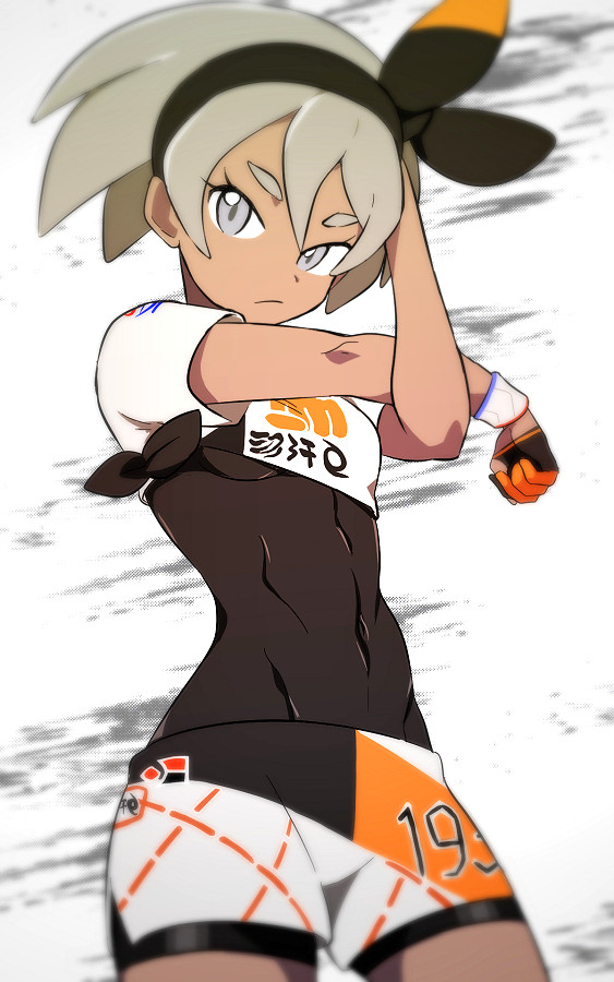 1girl, bea_(pokemon), black_bodysuit, black_hairband, bodysuit, bodysuit_under_clothes, breasts, closed_mouth, commentary_request, covered_navel, dark-skinned_female, dark_skin, dynamax_band, eyelashes, gloves, grey_eyes, grey_hair, gym_leader, hair_between_eyes, hairband, looking_at_viewer, nintendo, pokemon, pokemon_sword_and_shield, print_shorts, shirt, short_hair, short_sleeves, shorts, solo, stretching, tied_shirt, ude