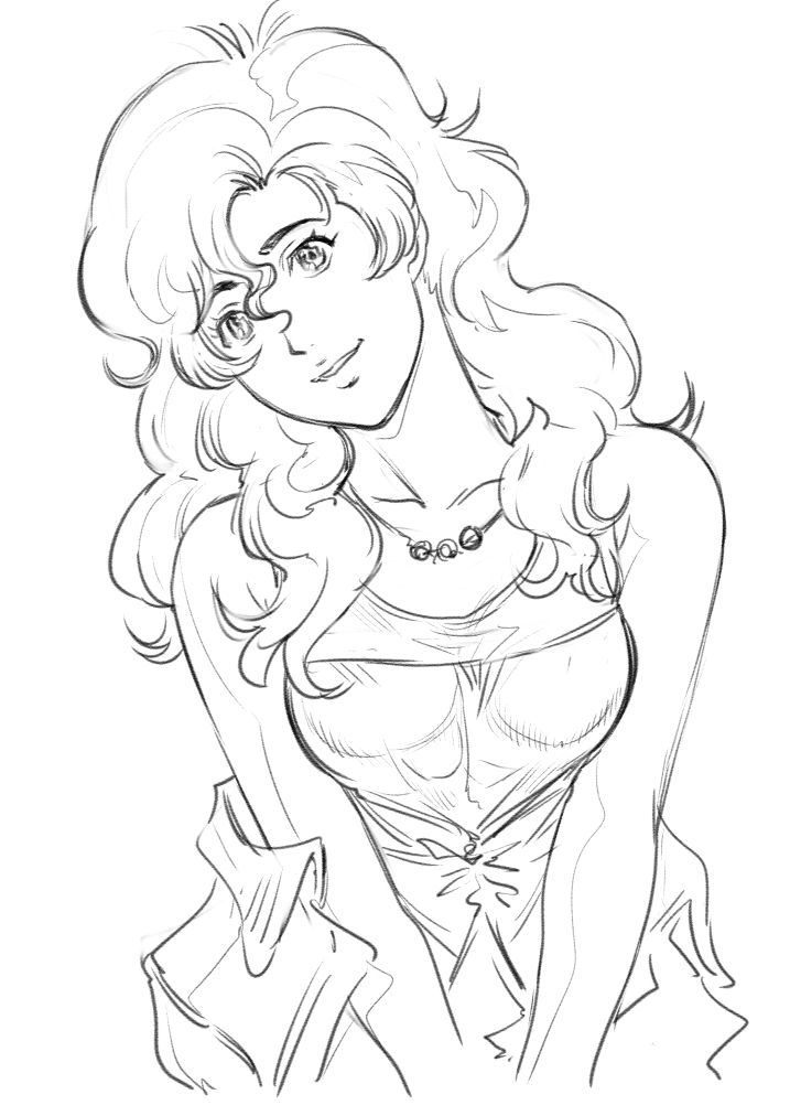 1girl, breasts, commentary, greyscale, gundam, gundam_unicorn, head_tilt, jewelry, long_hair, looking_at_viewer, medium_breasts, micott_bartsch, monochrome, necklace, saitani_umetarou, sketch, solo, white_background