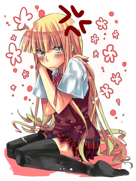 00s, 1girl, anger_vein, angry, blonde_hair, blush, covering_privates, evangeline_a.k._mcdowell, female_focus, green_eyes, long_hair, mahou_sensei_negima!, naridon, plaid_clothes, plaid_skirt, school_uniform, skirt, solo, thighhighs, vampire, very_long_hair, zettai_ryouiki