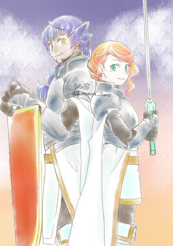 1boy, 1girl, alternate_costume, alternate_hairstyle, armor, back-to-back, dark_skin, facial_hair