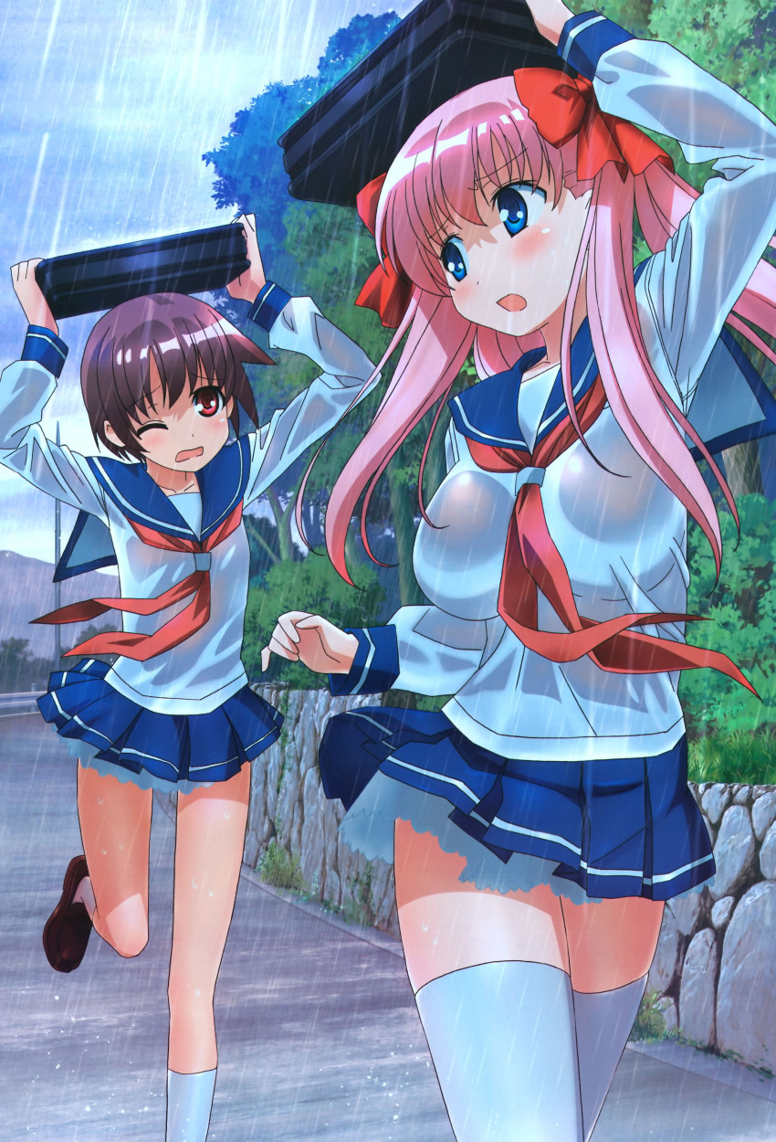 00s, 2girls, absurdres, bag, bookbag, bow, breasts, brown_hair