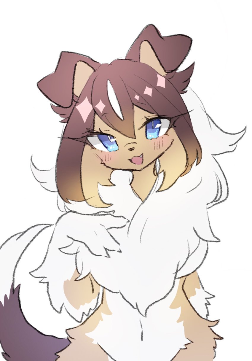 1girl, :3, :d, animal_ears, animal_nose, blue_eyes, blush, body_fur, brown_fur, brown_hair, claws, collie_(dog), commentary, cowboy_shot, dog, dog_ears, dog_girl, dog_tail, fang, furry, furry_female, hair_between_eyes, highres, long_hair, navel, nude, open_mouth, original, sbi_arki, simple_background, smile, snout, solo, tail, white_background, white_fur