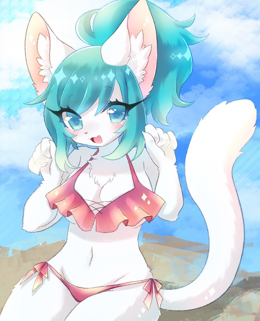 1girl, :3, animal_ear_fluff, animal_ears, animal_nose, beach, bikini, blue_eyes