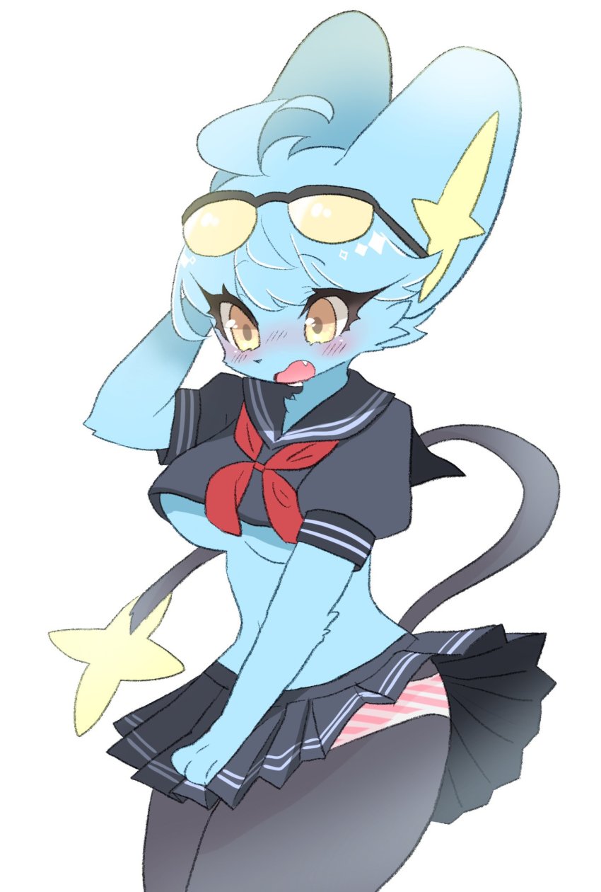 1girl, ahoge, animal_ears, animal_nose, black_fur, black_serafuku, black_skirt, blue_fur, blue_hair, blush, body_fur, breasts, clothed_pokemon, commentary, commission, cowboy_shot, embarrassed, english_commentary, eyelashes, eyewear_on_head, furry, furry_female, gen_4_pokemon, highres, large_breasts, neckerchief, nintendo, panties, pink_panties, pleated_skirt, pokemon, pokemon_(creature), red_neckerchief, sbi_arki, school_uniform, serafuku, shinx, short_hair, short_sleeves, simple_background, skirt, solo, tail, tinted_eyewear, underboob, underwear, white_background, yellow-tinted_eyewear, yellow_eyes