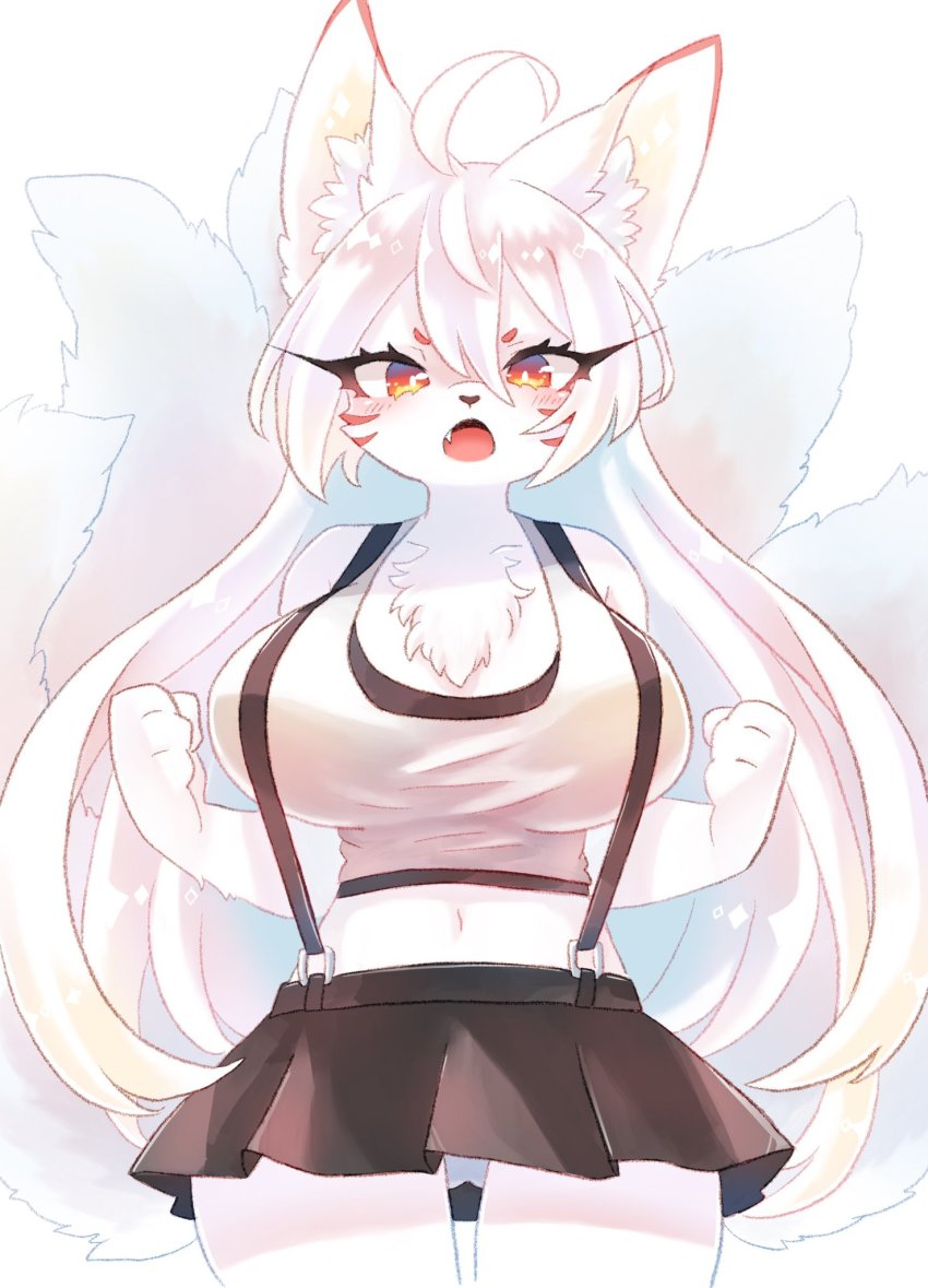 1girl, ahoge, animal_ear_fluff, animal_ears, animal_nose, bare_shoulders, black_skirt, blush