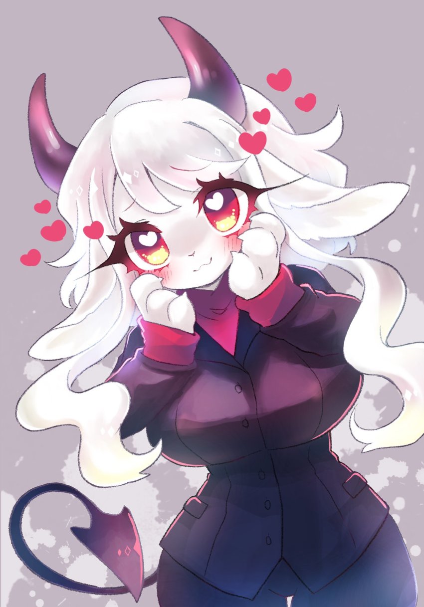 1girl, :3, animal_ears, animal_nose, black_horns, black_suit, blush, body_fur