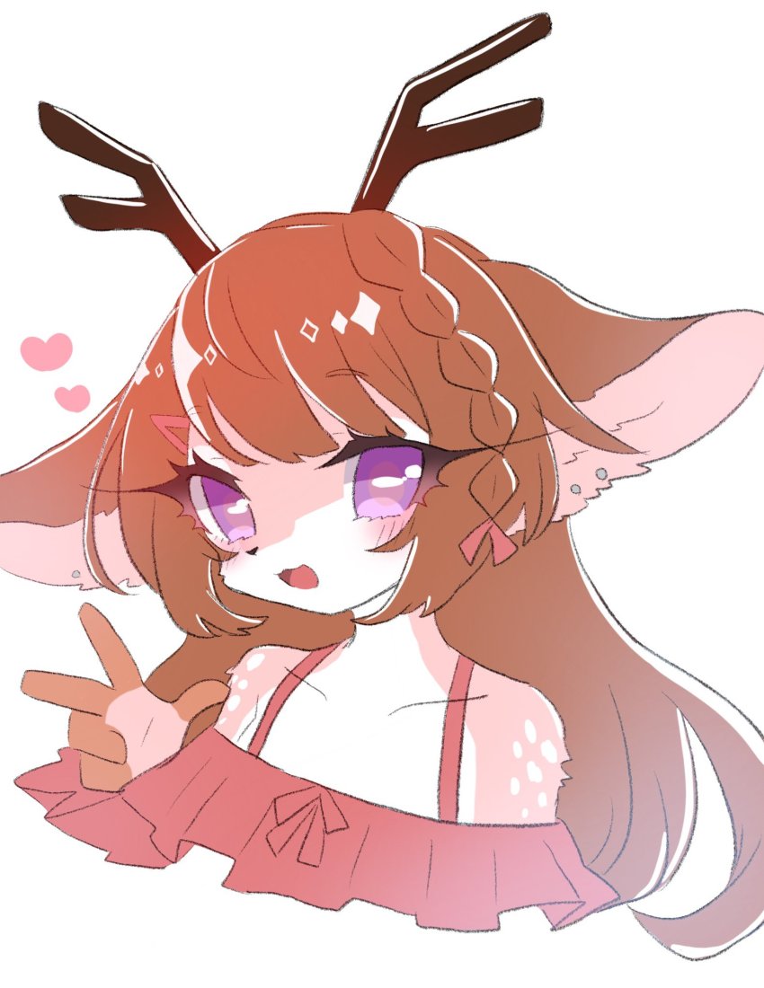 1girl, :3, :d, animal_ears, antlers, bare_shoulders, body_fur, borrowed_character
