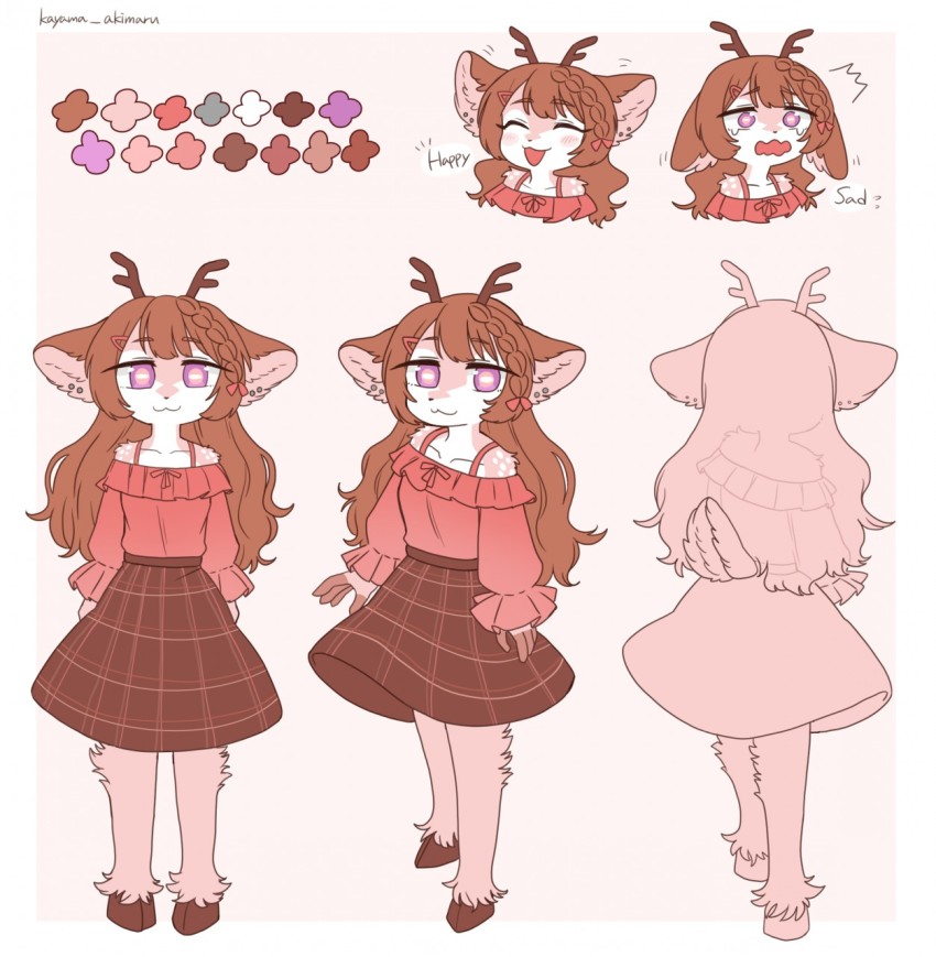 1girl, :3, animal_nose, antlers, artist_name, bare_shoulders, body_fur, breasts, bright_pupils, brown_fur, reference_sheet, closed_mouth, clothing_request, collarbone, color_guide, commentary, crying, crying_with_eyes_open, deer, deer_antlers, deer_girl, deer_tail, ear_piercing, english_commentary, fictional_persona, furrowed_brow, furry, furry_female, hair_ornament, hairclip, happy, highres, hooves, horizontal_pupils, horns, kayama_akimaru, kayama_akimaru_(kayama_akimaru), multiple_views, original, piercing, plaid_clothes, plaid_skirt, purple_eyes, sad, skirt, small_breasts, tail, tears, two-tone_fur, white_fur, white_pupils