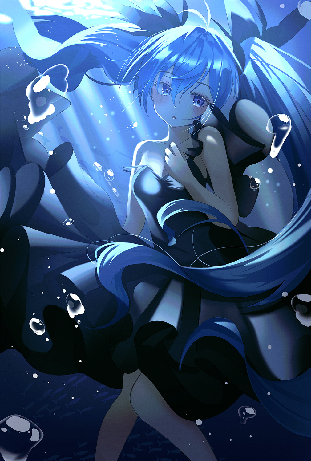 1girl, :o, absurdly_long_hair, air_bubble, anniversary, aqua_eyes, aqua_hair, artist_name