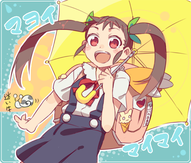 00s, 1girl, backpack, bag, bakemonogatari, black_hair, blush_stickers, brown_hair