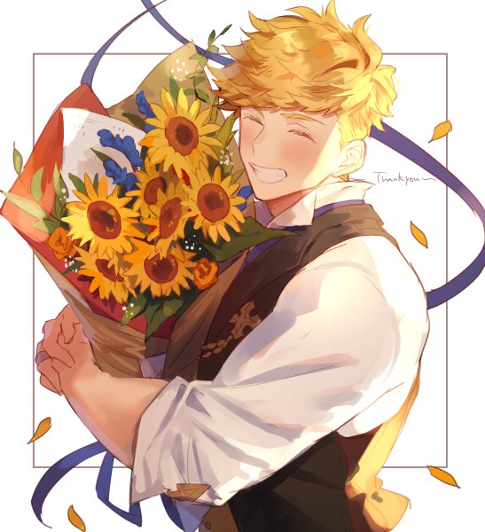 1boy, blonde_hair, blush, bouquet, english_text, flower, granblue_fantasy, higashigunkan, holding, male_focus, petals, shirt, sleeves_rolled_up, smile, solo, sunflower, upper_body, vane_(granblue_fantasy), vane_(the_dragon_knights)_(granblue_fantasy), vest, white_shirt