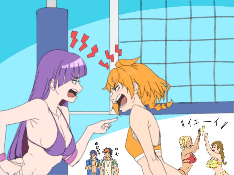 bikini, blonde_hair, breasts, cleavage, decadence_(anime), fei_(decadence), kurenai_(decadence), large_breasts, linmei_(decadence), long_hair, natsume_(decadence), official_art, open_mouth, purple_hair, swimsuit