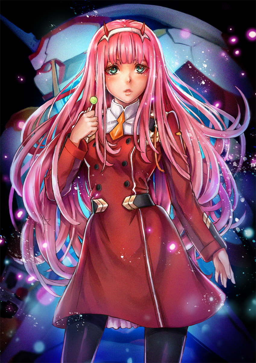 1girl, candy, darling_in_the_franxx, food, highres, holding, holding_candy, holding_food