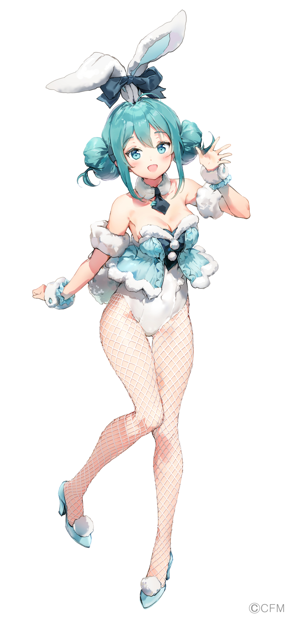 1girl, ahoge, animal_ears, anmi, aqua_eyes, aqua_vest, bare_shoulders, bicute_bunnies_miku