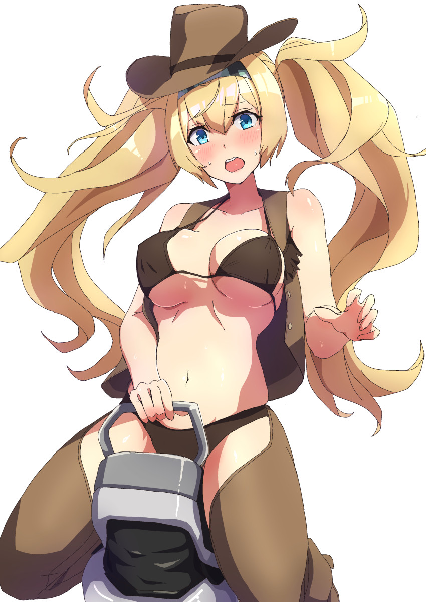 1girl, alternate_costume, bikini, bikini_top_only, blonde_hair, blue_eyes, blush, breasts