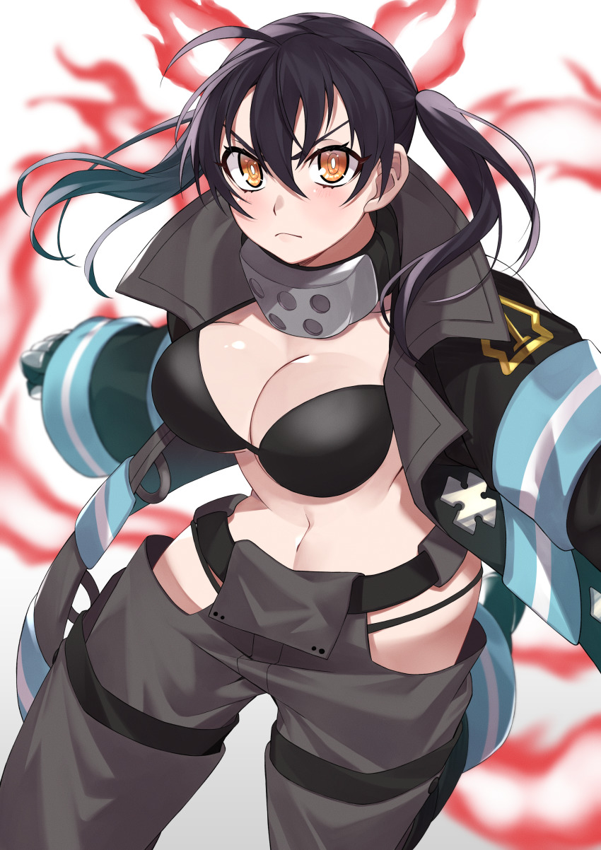 1girl, absurdres, baggy_pants, bikini, black_bikini, black_boots, black_coat, black_hair, blush, boots, breasts, cleavage, clenched_hand, clothing_cutout, coat, collar, collarbone, commentary, cowboy_shot, en'en_no_shouboutai, fiery_ears, fiery_tail, fire, frown, gloves, grey_pants, hair_between_eyes, highres, hip_vent, kameno_sachi, large_breasts, long_hair, long_sleeves, looking_at_viewer, metal_gloves, midriff, navel, open_clothes, open_coat, pants, sidelocks, simple_background, solo, standing, standing_on_one_leg, swimsuit, tail, tamaki_kotatsu, twintails, v-shaped_eyebrows, white_background, yellow_eyes