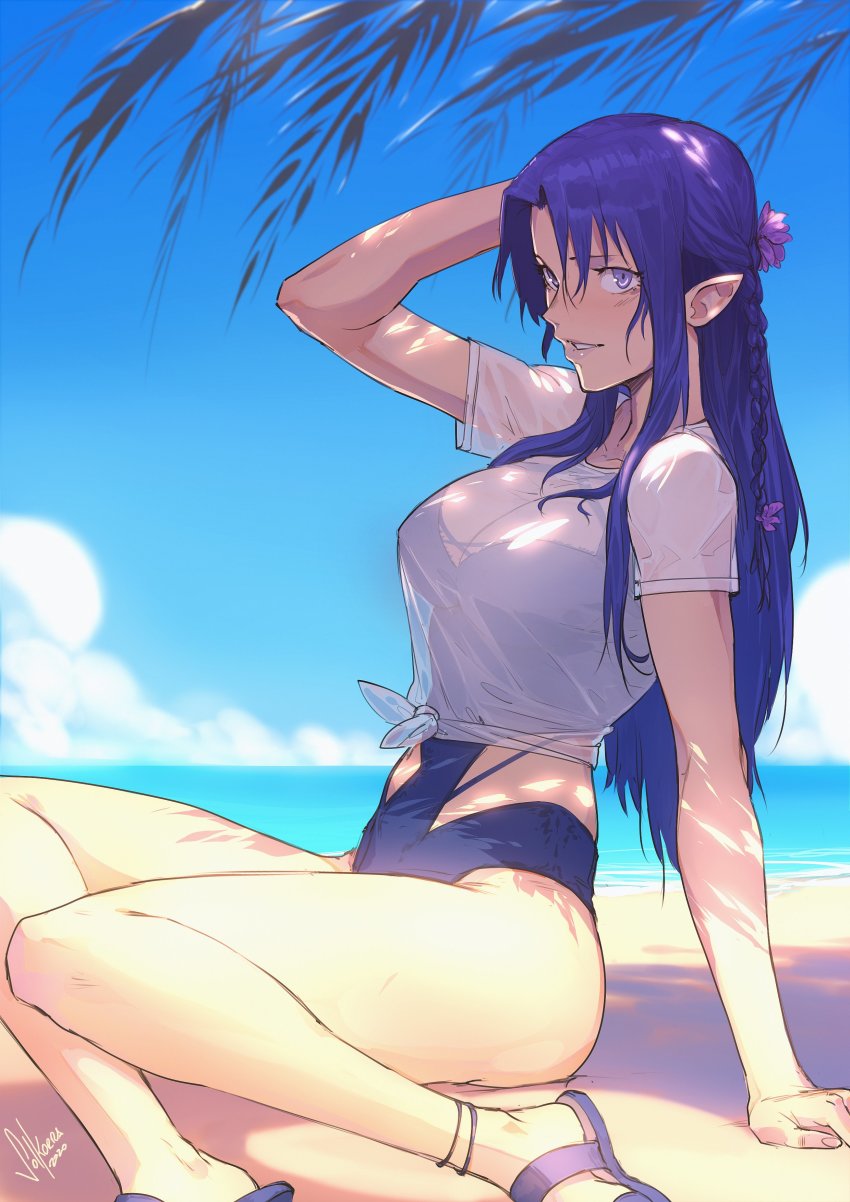 1girl, absurdres, arm_support, arm_up, bare_legs, beach, braid, breasts, cleavage, commission, day, fate_(series), flower, from_side, hair_flower, hair_ornament, highres, horizon, large_breasts, lipstick, long_hair, looking_at_viewer, makeup, medea_(caster)_(fate), medea_(fate), one-piece_swimsuit, outdoors, parted_bangs, parted_lips, pointy_ears, purple_eyes, purple_hair, purple_one-piece_swimsuit, sandals, second-party_source, see-through_clothes, shirt, side_braid, sidelocks, sitting, smile, solkorra, solo, swimsuit, t-shirt, tied_shirt, yokozuwari