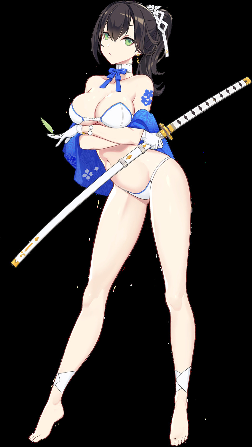 1girl, arm_tattoo, artist_request, bikini, black_hair, blue_neckwear, blue_oath, breasts