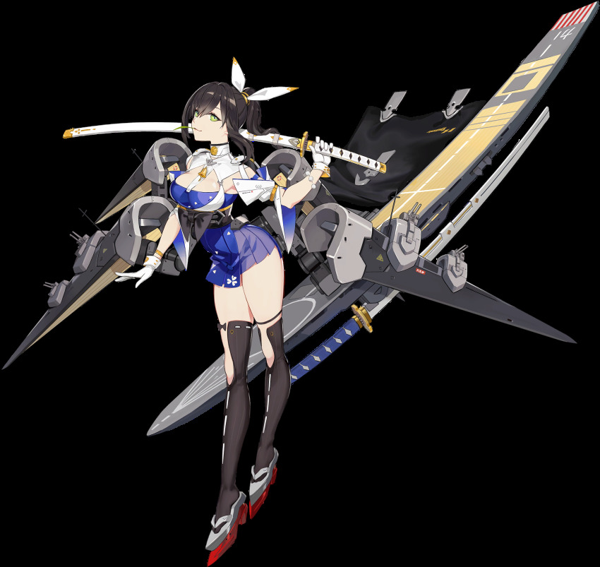 1girl, artist_request, bell, black_hair, black_thighhighs, blue_dress, blue_oath, breasts