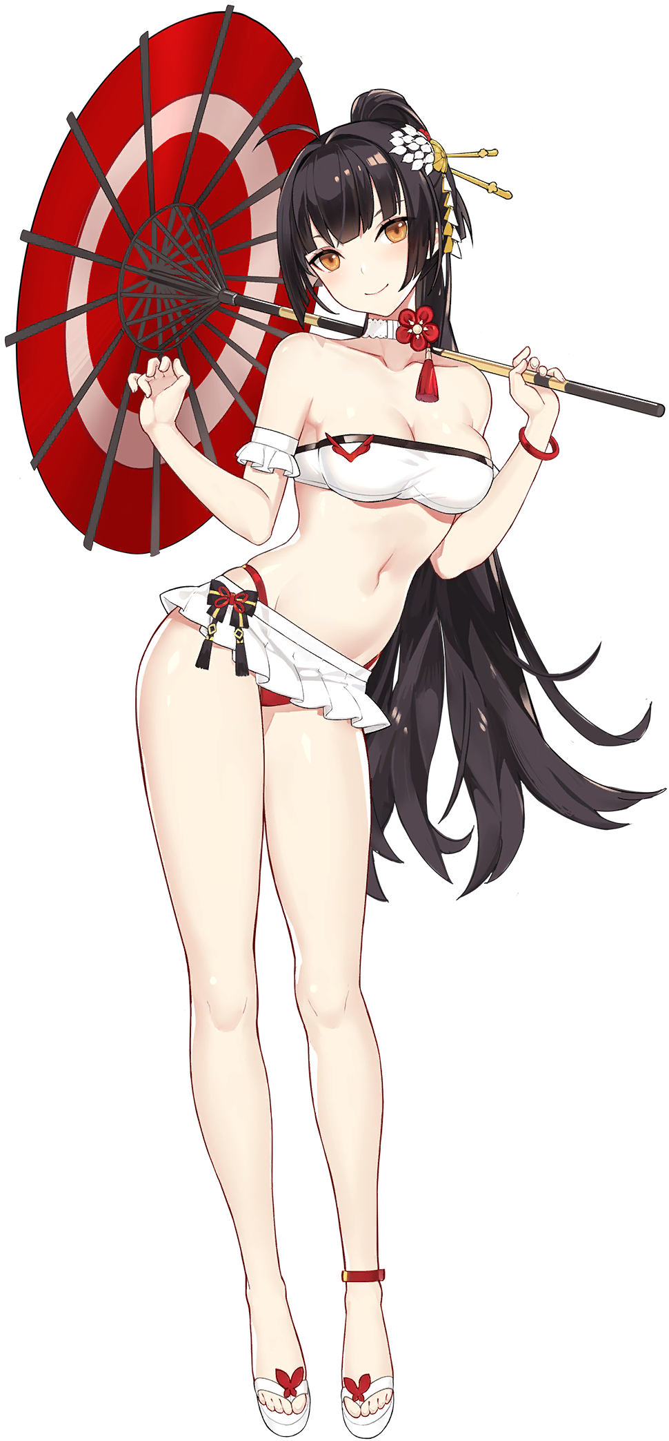 1girl, ahoge, akagi_(blue_oath), ankle_strap, artist_request, bikini, bikini_skirt, black_hair