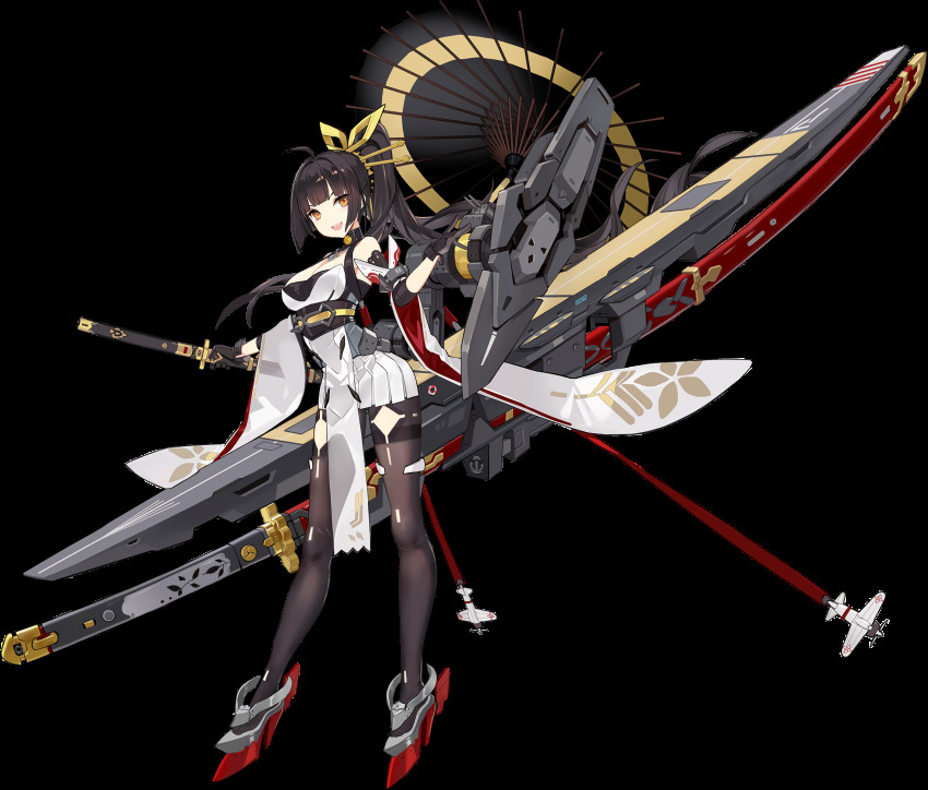 1girl, ahoge, akagi_(blue_oath), artist_request, black_gloves, black_hair, black_pantyhose, blue_oath