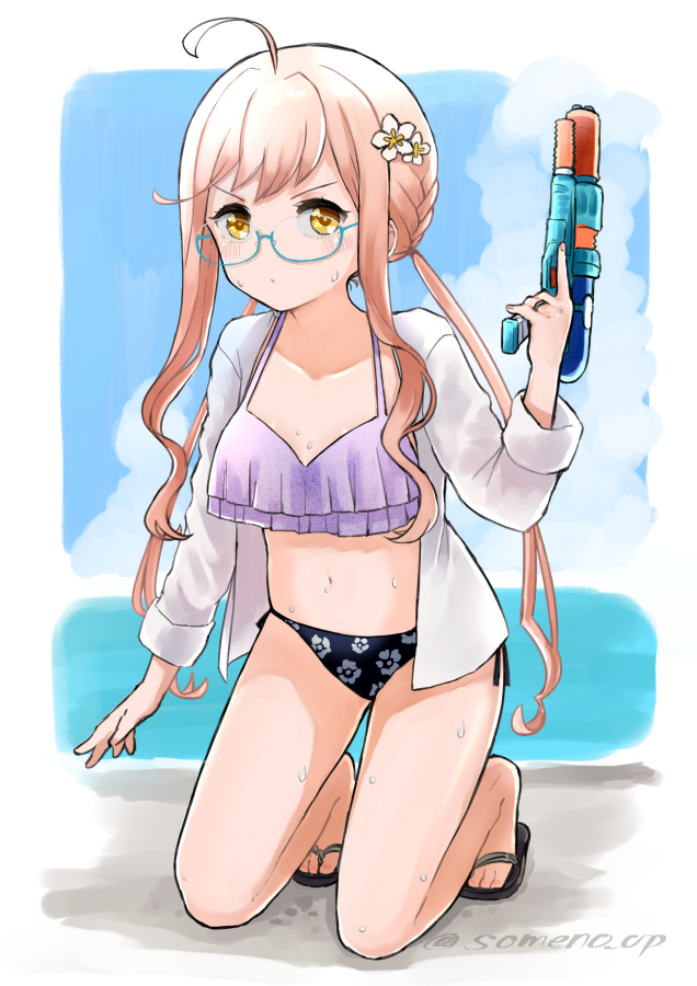 1girl, bikini, braid, commentary_request, crown_braid, flip-flops, floral_print, flower