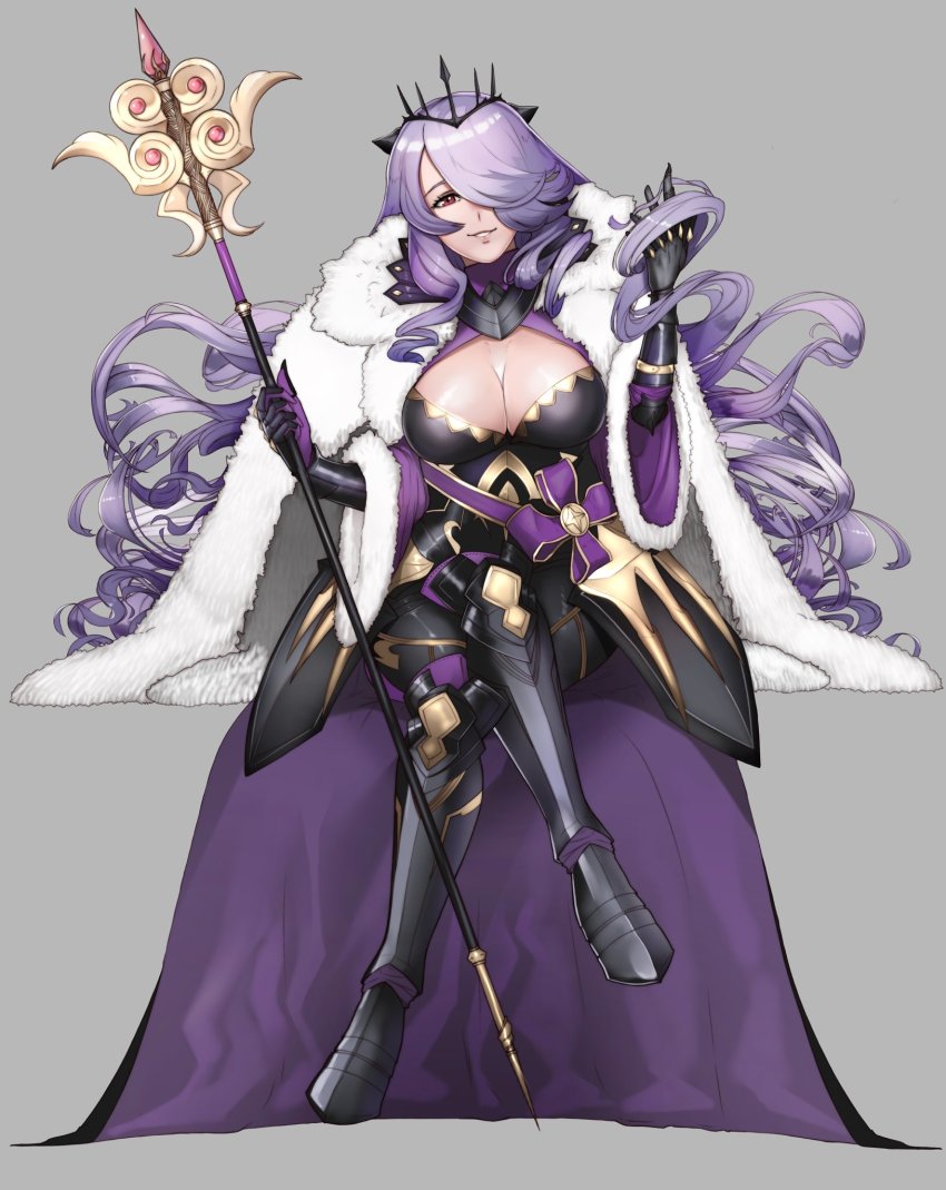 1girl, alex_(cerealex), breasts, camilla_(fire_emblem), camilla_(light_of_nohr)_(fire_emblem), cape, cleavage, crossed_legs, female_focus, fire_emblem, fire_emblem_fates, fire_emblem_heroes, full_body, fur_trim, grey_background, hair_over_one_eye, highres, holding, holding_staff, large_breasts, long_hair, nintendo, official_alternate_costume, parted_lips, purple_hair, simple_background, sitting, smile, solo, staff