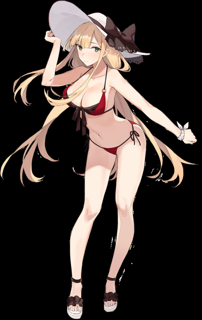 1girl, aiko_(kanl), bikini, black_bow, blue_oath, blush, bow, breasts