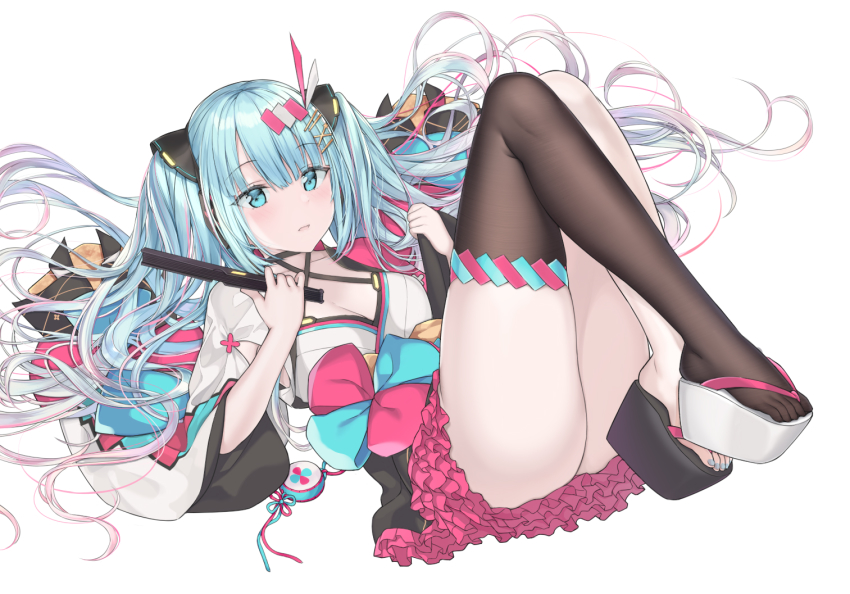 1girl, absurdly_long_hair, anniversary, aqua_eyes, aqua_hair, artist_name, artist_request, ass, asymmetrical_footwear, black_footwear, black_skirt, black_thighhighs, blue_eyes, blue_hair, blue_nails, breasts, collarbone, criss-cross_halter, female_focus, frilled_skirt, frills, full_body, gradient_hair, hair_ornament, hairclip, halterneck, hands_up, hatsune_miku, holding, japanese_clothes, jyt, knees_up, long_hair, long_sleeves, looking_at_viewer, lying, magical_mirai_(2020), magical_mirai_(vocaloid), magical_mirai_miku, magical_mirai_miku_(2020_summer), medium_breasts, mismatched_footwear, multicolored_hair, nail_polish, on_back, parted_lips, pink_hair, platform_clogs, platform_footwear, pleated_skirt, simple_background, single_thighhigh, skirt, solo, thighhighs, toenail_polish, toenails, twintails, very_long_hair, vocaloid, white_background, white_footwear, wide_sleeves, x_hair_ornament