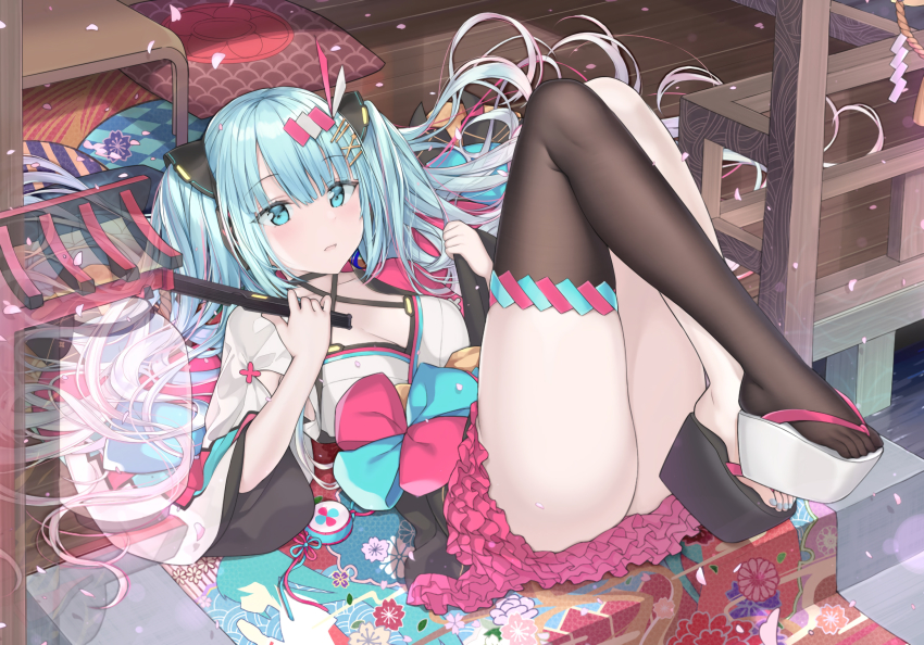 1girl, absurdly_long_hair, anniversary, aqua_eyes, aqua_hair, artist_name, artist_request, ass, asymmetrical_footwear, black_footwear, black_skirt, black_thighhighs, blue_eyes, blue_hair, blue_nails, breasts, collarbone, commentary, criss-cross_halter, female_focus, frilled_skirt, frills, full_body, gradient_hair, hair_ornament, hairclip, halterneck, hands_up, hatsune_miku, highres, holding, japanese_clothes, jyt, knees_up, lantern, long_hair, long_sleeves, looking_at_viewer, lying, magical_mirai_(2020), magical_mirai_(vocaloid), magical_mirai_miku, magical_mirai_miku_(2020_summer), medium_breasts, mismatched_footwear, multicolored_hair, nail_polish, on_back, paper_lantern, parted_lips, petals, pink_hair, platform_clogs, platform_footwear, pleated_skirt, single_thighhigh, skirt, solo, stairs, stone_stairs, thighhighs, toenail_polish, toenails, twintails, very_long_hair, vocaloid, white_footwear, wide_sleeves, x-ray, x_hair_ornament