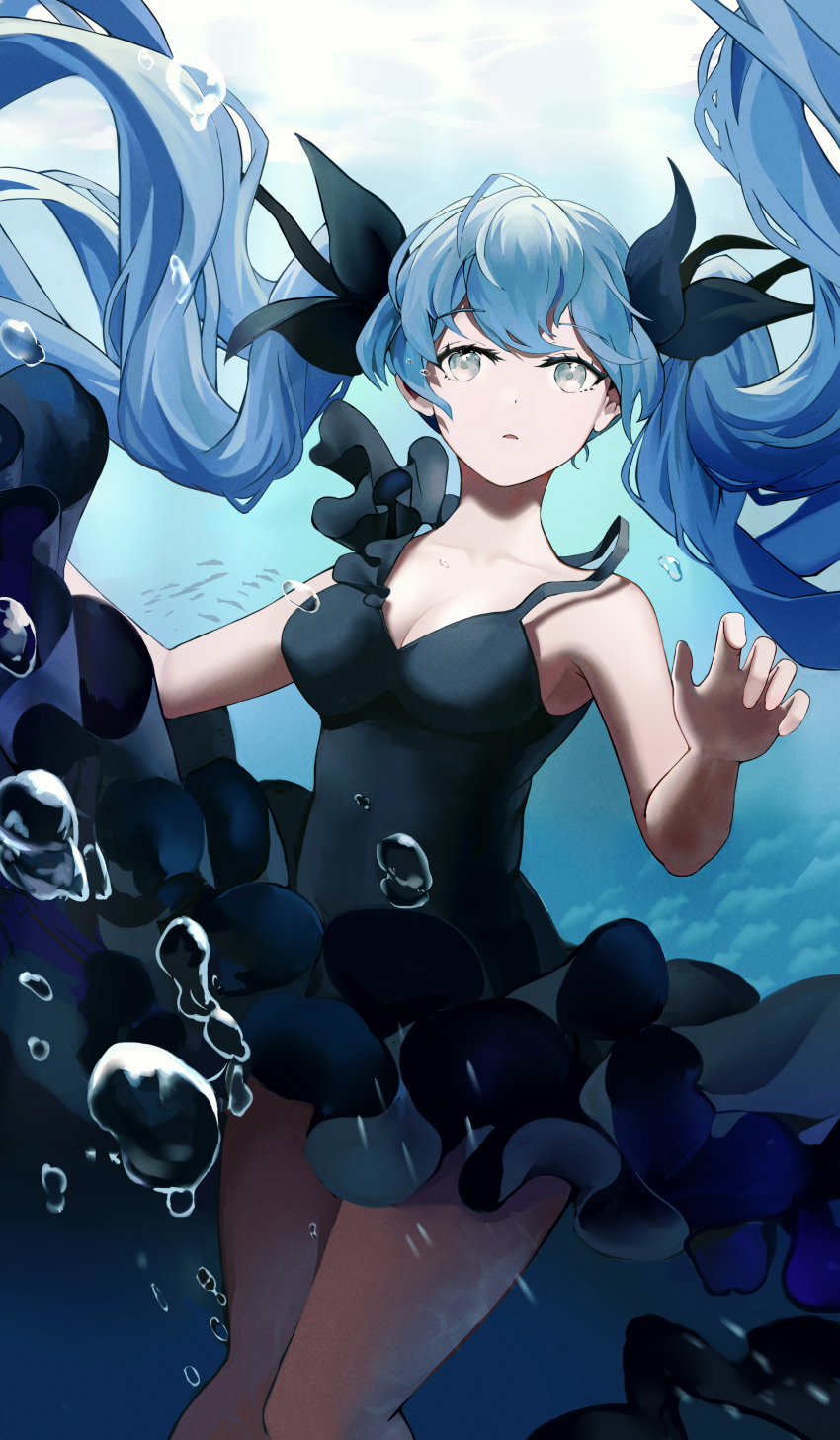 1girl, :o, absurdly_long_hair, absurdres, air_bubble, amamizu_shizuku, anniversary, aqua_eyes, aqua_hair, artist_name, artist_request, bare_legs, bare_shoulders, black_bow, black_dress, black_skirt, blue_eyes, blue_hair, bow, breasts, bubble, cleavage, clothes_lift, collarbone, deep_sea_girl, dress, female_focus, fish, hatsune_miku, highres, long_hair, looking_at_viewer, medium_breasts, ocean, seafloor, shinkai_shoujo_(vocaloid), skirt, skirt_lift, solo, twintails, underwater, very_long_hair, vocaloid