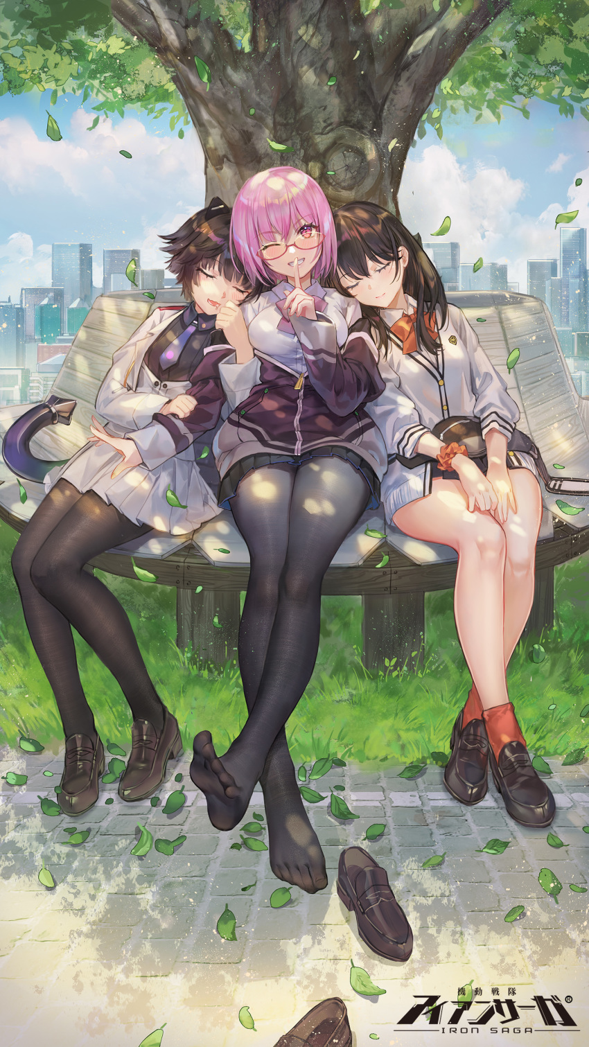 3girls, :d, ;d, absurdres, animal_ears, bare_legs, black_footwear, black_hair