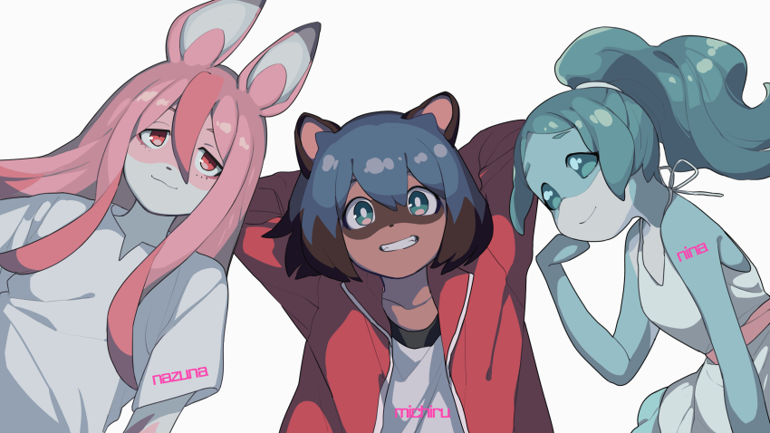 3girls, ahoge, animal_ears, aqua_hair, arms_behind_back, bare_arms, bare_shoulders, blue_eyes