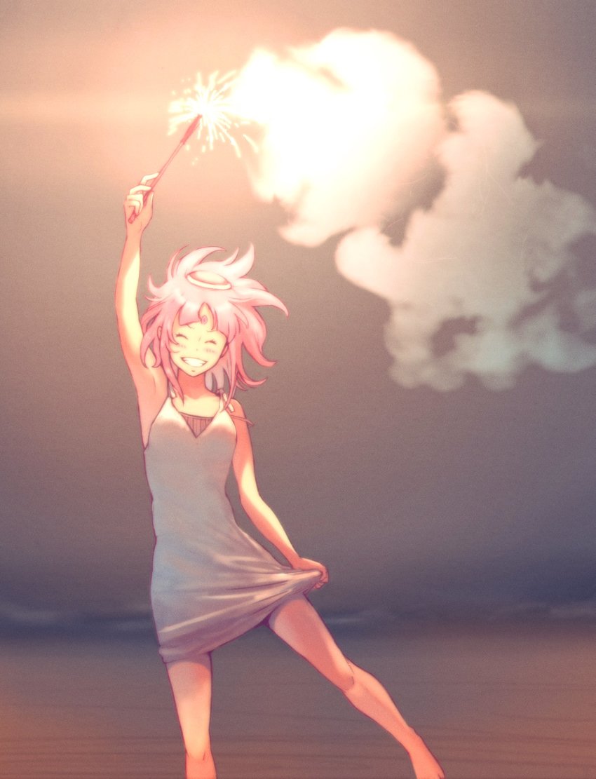 1girl, commentary, dress, english_commentary, engrish_commentary, closed_eyes, fireworks, flat_chest