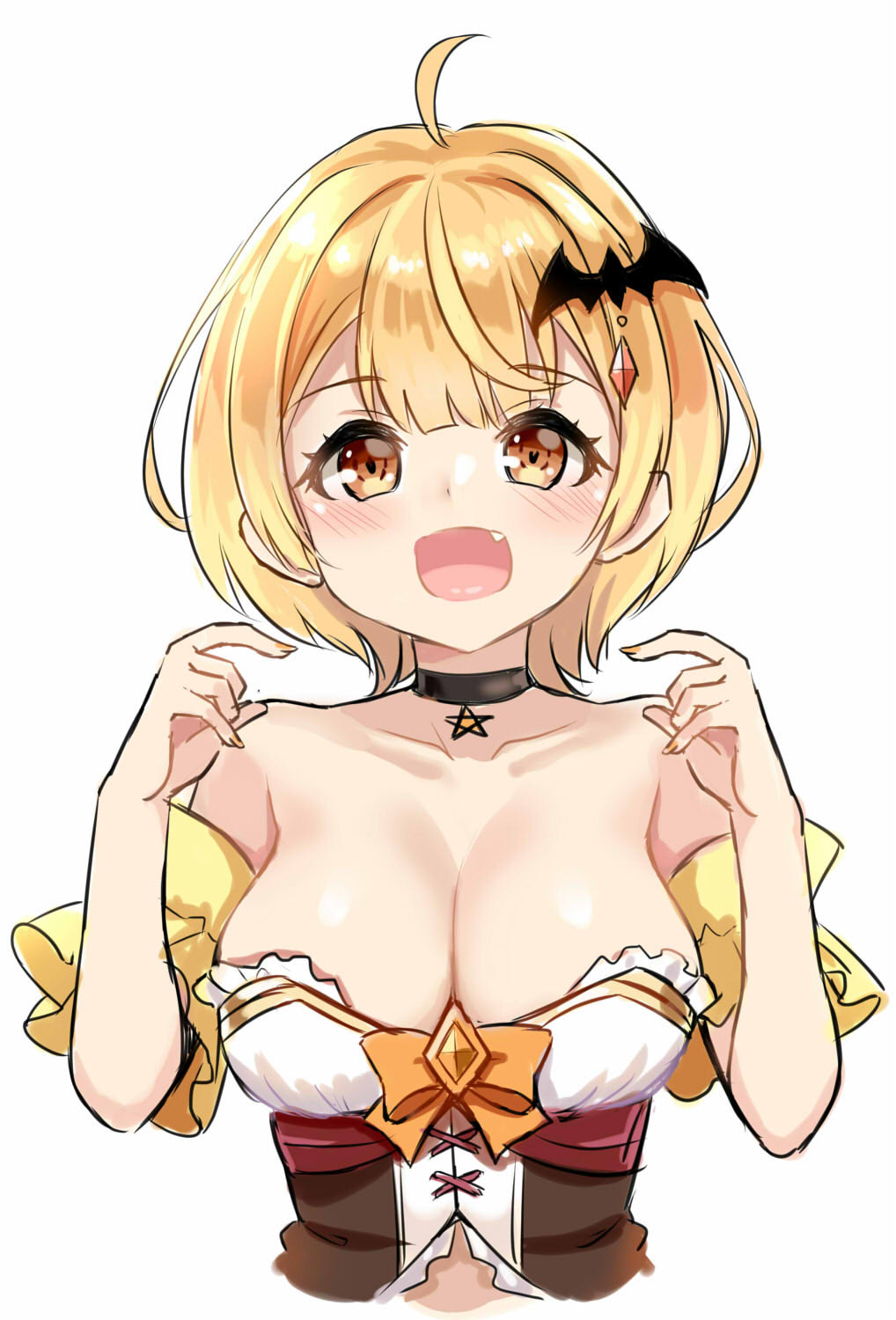 1girl, :d, ahoge, bare_shoulders, bat_hair_ornament, blonde_hair, blush, bow