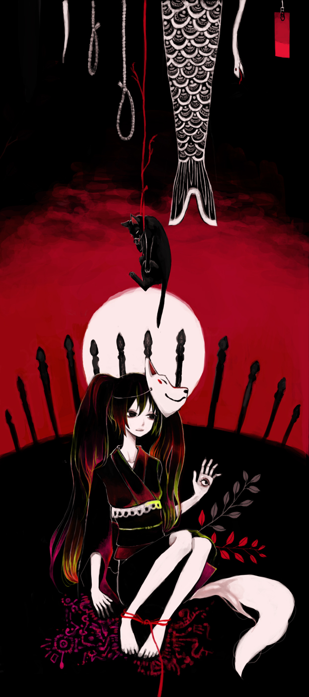 1girl, black_eyes, black_hair, cat, clona, female_focus, fox_mask, full_moon, hatsune_miku, highres, japanese_clothes, kimono, long_hair, mask, moon, musunde_hiraite_rasetsu_to_mukuro_(vocaloid), narcolepsy, night, noose, snake, solo, sotoba, twintails, vocaloid, yukata