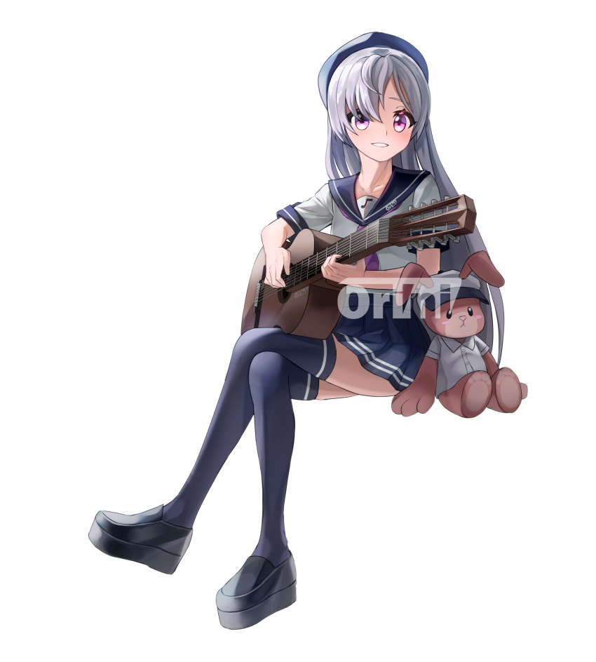 1girl, absurdres, acoustic_guitar, alternate_costume, black_shoes, blue_headwear, blue_skirt, blue_thighhighs