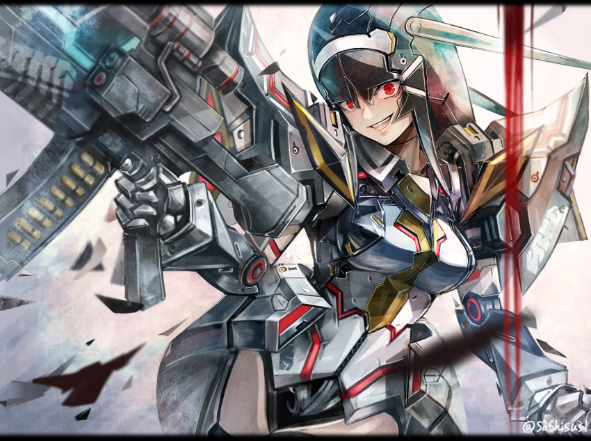 android, black_hair, breasts, gun, holding, holding_weapon, ionia_series, joints