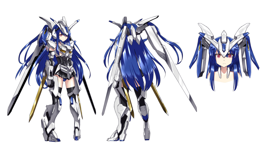 1girl, blue_hair, reference_sheet, crossover, frame_arms_girl, gundam, gundam_bael, gundam_tekketsu_no_orphans