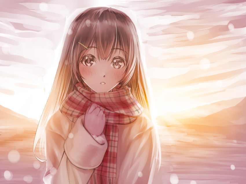 1girl, absurdres, blush, brown_eyes, brown_hair, coat, hair_between_eyes, hair_ornament