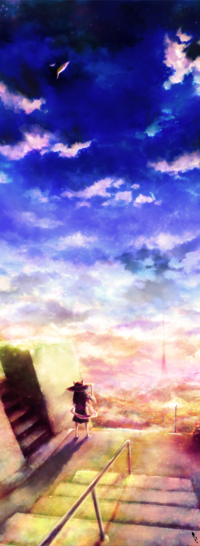 1girl, absurdres, bad_id, bad_pixiv_id, barefoot, cloud, female_focus, from_behind