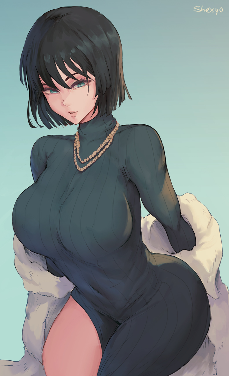 1girl, black_hair, breasts, coat, commentary, covered_navel, curvy, dress