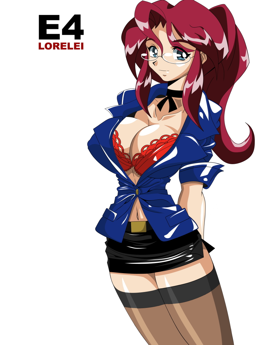 1990s_(style), absurdres, arms_behind_back, azielarcangel, belt, black_skirt, blue_eyes, blue_jacket