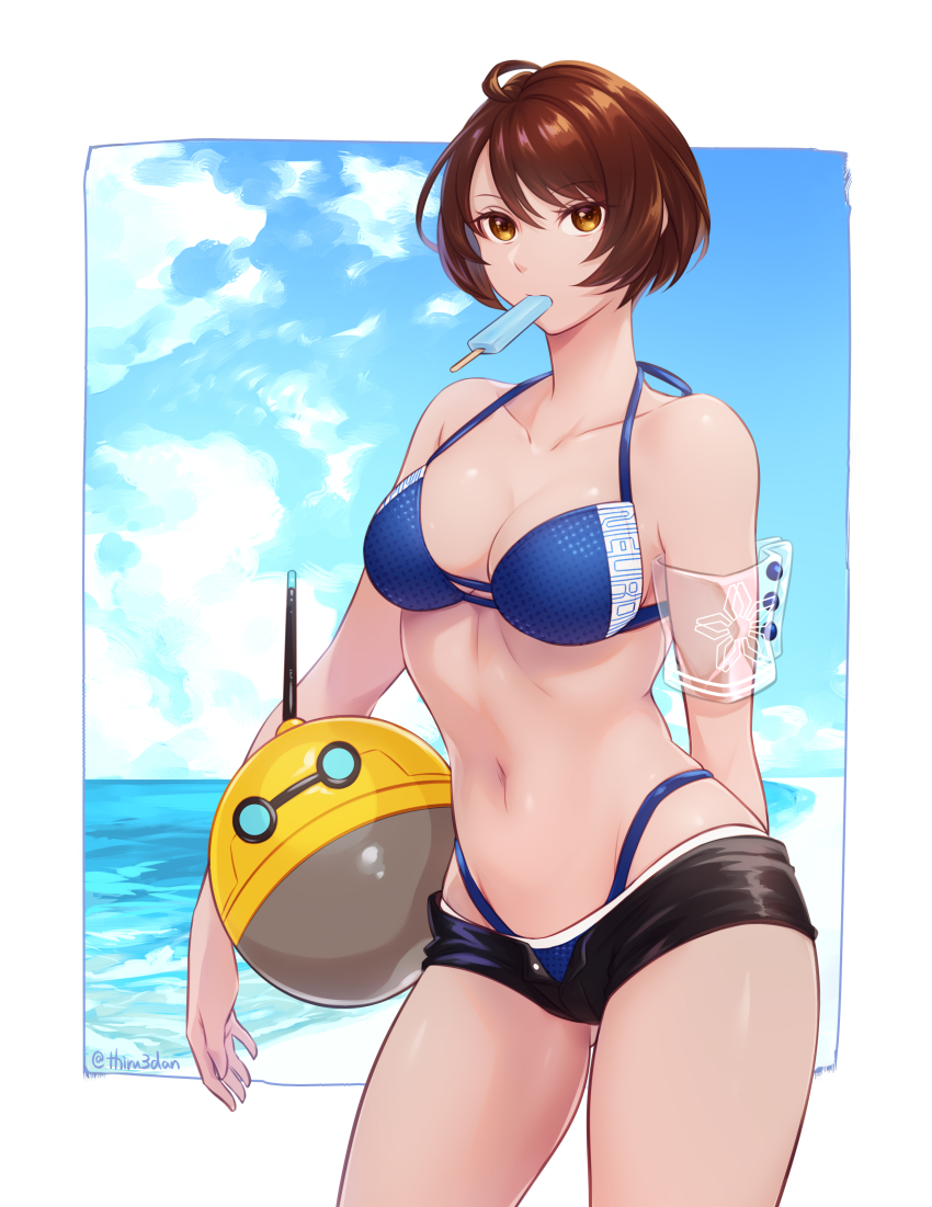 1girl, absurdres, akira_howard, akira_howard_(female), astral_chain, ball, bare_shoulders, beach, beachball, bikini, blue_bikini, breasts, brown_eyes, brown_hair, cleavage, collarbone, food, highleg, highleg_bikini, highres, looking_at_viewer, medium_breasts, navel, nintendo, popsicle, short_hair, sky, solo, swimsuit, thiru3dan