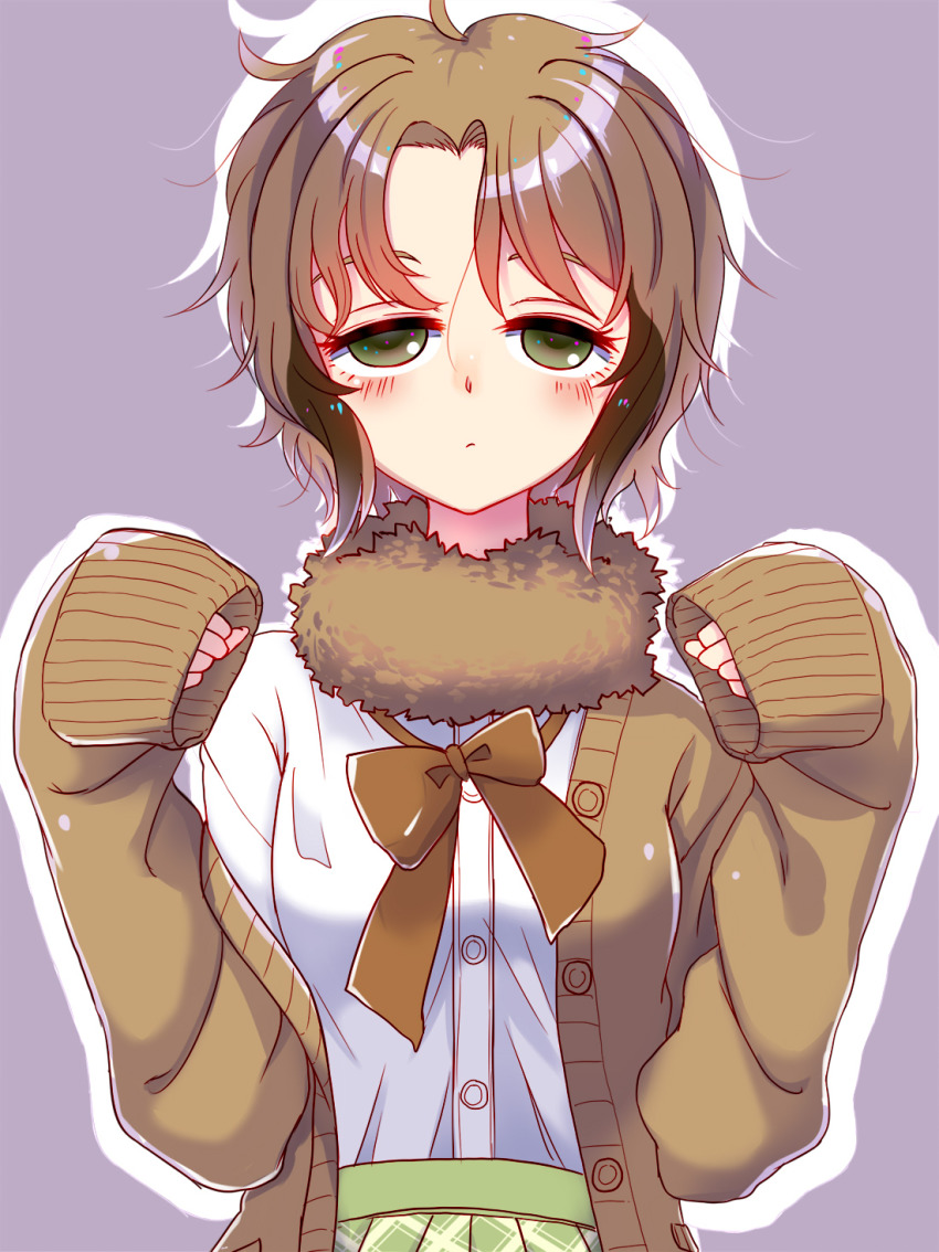 1girl, bow, bowtie, brown_hair, buttons, cardigan, closed_mouth, commentary_request