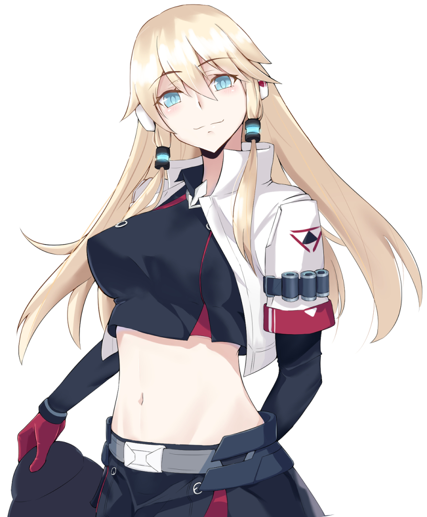 1girl, belt, belt_buckle, black_shirt, blonde_hair, blue_eyes, blue_oath, blush
