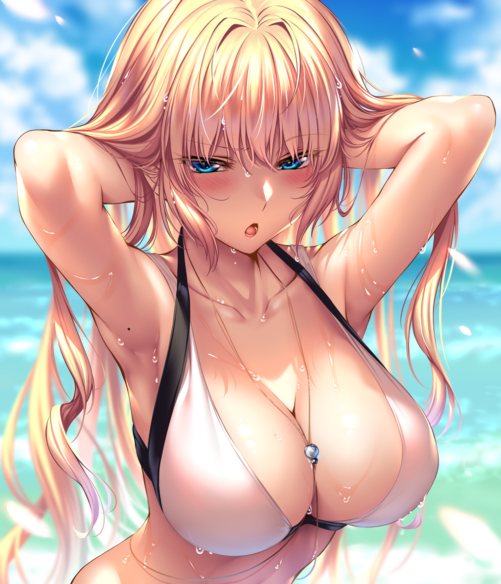 1girl, armpits, arms_behind_head, bikini, blonde_hair, blue_eyes, blue_sky, blush, breasts, cleavage, collarbone, day, hands_in_own_hair, hanikami_kanojo, jewelry, large_breasts, long_hair, looking_at_viewer, mole, necklace, open_mouth, outdoors, piromizu, shoudou_erena, sidelocks, sky, solo, swimsuit, very_long_hair, wet
